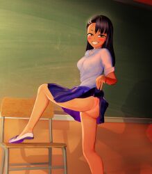 1girls 3d black_hair blush breasts brown_eyes clothed clothing female female_focus female_only going_commando hayase_nagatoro hi_res highres jesushentaichr8 long_hair looking_at_viewer looking_back please_don't_bully_me _nagatoro pose revealing_clothes sideboob simple_background skirt small_breasts smile solo tan tan-skinned_female tan_body tan_skin tanline tanned tanned_female upskirt