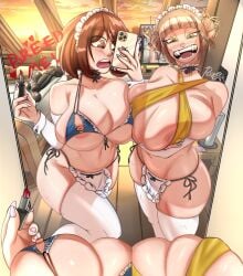 2girls alternate_version_available areolae bikini blonde_hair blush breasts breeding_request brown_eyes brown_hair erect_nipples fangs female female/female female_pov gigantic_breasts hi_res himiko_toga hips huge_breasts impregnation_request large_areolae lipstick maid_bikini maid_headdress massive_breasts mirror_selfie my_hero_academia naughty_face nipples ochako_uraraka phone pointy_teeth pov poxygon selfie short_hair side-tie_bikini slim_waist suggestive_look text thick_thighs thighhighs thighs twin_buns useless_clothing wide_hips writing_on_glass yellow_eyes yuri