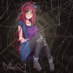 1girls apron blush bondage bound bow female female_only fully_clothed green_eyes looking_at_viewer pink_hair restrained scared shadoupamine solo spider_web stylist_(terraria) tears terraria