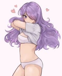 1girls bra breasts camilla_(fire_emblem) clothes_lift commentary cowboy_shot female female female_only fire_emblem fire_emblem_fates grey_background grey_shirt heart highres lifted_by_self long_hair looking_at_viewer medium_breasts navel nintendo panties purple_eyes purple_hair purrlucii shirt shirt_lift short_sleeves simple_background solo standing stomach thighs underwear undressing very_long_hair white_bra white_panties