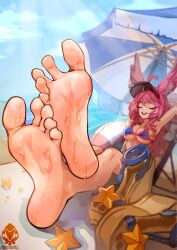 animal_ears armpits barefoot beach big_breasts bikini fate/grand_order fate_(series) feet foot_fetish foot_focus footprint footprint_on_sandals oiled_feet oiled_skin parasol red_hair sandals soles tagme tamamo_no_mae_(fate) toe_spread wedge_heels yeougui