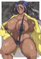 1girls alternate_breast_size black_hair blue_eyes breasts dark-skinned_female dark_skin female geeta_(pokemon) hips huge_breasts huge_nipples large_areolae lip_biting long_hair musclegut naughty_face nintendo nipples oryuto pokemon pokemon_sv pubic_hair pubic_hair_peek puffy_nipples sling_bikini thick_thighs thighs venus_body voluptuous wide_hips