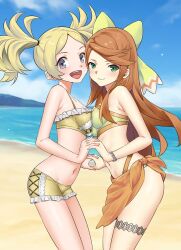 2girls alternate_costume asymmetrical_docking bare_thighs beach bikini bikini_shorts blonde_hair bracelet breast_press breasts cloud cloudy_sky corset etie_(fire_emblem) female female_only fire_emblem fire_emblem_awakening fire_emblem_engage frilled_bikini frills green_bikini green_swimsuit grey_eyes highres holding_hands igni_tion jewelry lissa_(fire_emblem) long_hair looking_at_viewer multiple_girls navel nintendo ocean open_mouth orange_hair outdoors short_twintails sky small_breasts swept_bangs swimsuit teenager teeth thigh_strap thighs twintails upper_teeth_only water yellow_bikini yellow_swimsuit