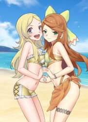 2girls alternate_costume alternate_hairstyle asymmetrical_docking bare_thighs beach bikini bikini_shorts blonde_hair bracelet breast_press breasts cloud cloudy_sky corset etie_(fire_emblem) female female_only fire_emblem fire_emblem_awakening fire_emblem_engage frilled_bikini frills green_bikini green_swimsuit grey_eyes hair_down highres holding_hands igni_tion jewelry lissa_(fire_emblem) long_hair looking_at_viewer multiple_girls navel nintendo ocean open_mouth orange_hair outdoors sky small_breasts swept_bangs swimsuit teenager teeth thigh_strap thighs upper_teeth_only water yellow_bikini yellow_swimsuit