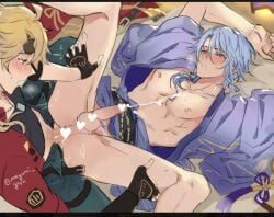 2boys anal anal_penetration anal_sex blonde_hair blue_hair cum cum_on_own_chest cumming_from_anal_sex erect_penis femboy gay gay_sex genshin_impact kamisato_ayato light_blue_hair male male/male male_only male_penetrated male_penetrating penis penis_in_ass pretty_boy thoma_(genshin_impact) yaoi