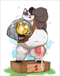 1boy absurd_res anthro award badger badgerclops balls bearry19 belly biceps blush bodily_fluids cartoon_network confetti cum erection eye_patch eyewear gay genital_fluids genitals hi_res male male_only mammal mao_mao:_heroes_of_pure_heart musclegut mustelid musteline navel nipples pecs penis solo trophy