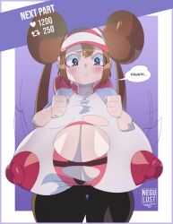 1girls big_breasts blue_eyes blush blushing brown_hair cleavage female female_only huge_breasts large_breasts negullust nintendo nipple_bulge pokemon rosa_(pokemon) solo solo_female solo_focus text top_heavy