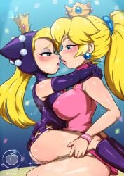 2girls absurdres ass blonde_hair blue_eyes breasts breath cotonus covered_nipples cross_cutout crown dress eye_contact highres hooded_dress hug huge_breasts implied_futanari kneehighs leather_dress looking_at_another mario_(series) mario_power_tennis mario_tennis mini_crown multiple_girls pink_dress ponytail princess_peach socks sportswear steaming_body straddling tennis_uniform thighs upright_straddle wapeach yuri