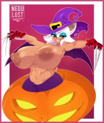 1girls alternate_breast_size areolae big_breasts breasts female furry green_eyes huge_breasts jack-o'-lantern large_breasts looking_at_viewer negullust nipples pumpkin rouge_the_bat sonic_(series) sonic_the_hedgehog_(series) white_fur white_hair witch witch_hat