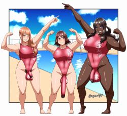 3futas balls bar_censor beach big_balls big_breasts big_penis black_hair breasts brown_hair censored clothed clothing dark-skinned_futanari dark_skin dickgirl flaccid flexing futa_only futanari huge_balls huge_cock human leotard light-skinned_futanari light_skin long_hair one-piece_swimsuit partially_clothed penis pool poolside posing regiman standing swimming_pool swimsuit