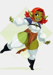 1girls 2023 blue_eyes character_request clothing female female_only full_body goblin goblin_female green_skin hi_res legwear original original_character pointy_ears red_hair smile solo standing_on_one_leg thick_thighs tovio_rogers white_legwear wink