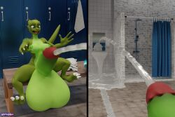 1futa 3:2 3d_(artwork) anthro balls big_balls big_penis blender_(software) blender_cycles bodily_fluids bottle breasts container cum cum_in_sink cum_launch cum_on_mirror cum_pool cum_pooling cumshot digital_media_(artwork) ejaculating_cum ejaculation erection futanari genital_fluids genitals green_body green_penis green_skin gynomorph hi_res huge_balls huge_cock humanoid_genitalia humanoid_penis hyper hyper_balls hyper_genitalia hyper_penis intersex kobold locker locker_bench locker_room nipples nude open_mouth orgasm penis shower_curtain shower_head shower_hose shower_stall solo surprised_expression thiccacuga tongue