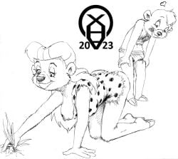 2023 age_difference anthro bear black_and_white bottomwear breasts clothed clothing disney duo erection_under_loincloth female fur genitals hair heart kit_cloudkicker loincloth male male/female mammal monochrome nipple_slip nipples older_female penis plant rebecca_cunningham talespin tongue tongue_out topless xenahasaclit young younger_male