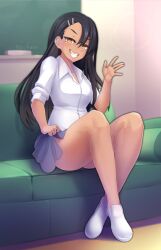 1girls black_hair blush breasts brown_eyes clothed clothing couch curvy earrings female female_focus female_only hayase_nagatoro hi_res highres kazukoto long_hair looking_at_viewer please_don't_bully_me,_nagatoro revealing_clothes simple_background sitting skirt skirt_lift small_breasts smile solo tan tan-skinned_female tan_body tan_skin tanned tanned_female watermark waving wide_hips