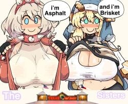 2girls :) accessory alternate_breast_size american_flag androgyne_symbol aqua_eyes big_breasts blonde_hair blue_eyes blush breasts bridget cleavage clothed_female collar elphelt_valentine english_text female female_only guilty_gear guilty_gear_strive light-skinned_female meme meme_attire notnoe_(dxcl) open_jacket presenting presenting_breasts rule_63 see-through shirt_lift simple_background smile spiked_collar steam sweat sweating sweaty sweaty_breasts teenager texas_flag text text_bubble white_background white_hair