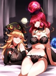 2girls arm_support bare_arms bare_shoulders bed_sheet better_version_at_source big_breasts black_bra black_choker black_dress black_gloves black_panties blonde_hair bra breasts chains choker collarbone commentary_request curtains dress earrings earth_(ornament) elbow_gloves feet_out_of_frame gloves groin headdress hecatia_lapislazuli jewelry junko_(touhou) large_breasts long_hair looking_at_another looking_down lowres lying moon_(ornament) multiple_girls navel night night_sky no_nose on_stomach panties parted_lips pointy_ears profile raptor7 reclining red_eyes red_hair sitting sky smile stomach strap_slip tassel thighs touhou underwear underwear_only yuri