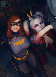 1male 2girls 3d angry batgirl batgirl_(gotham_knights) batman batman_(series) dc dc_comics defeated_villainess gotham_knights harley_quinn harley_quinn_(injustice) injustice_2 lazper looking_at_viewer penis_kiss selfie smile_at_viewer