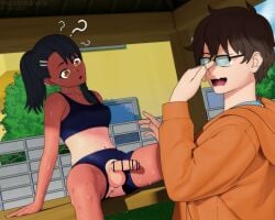 1boy 1futa 3d ? bar_censor black_hair blush breasts brown_eyes brown_hair censored clothed clothing duo embarrassed erection fully_clothed futanari getting_erect glasses half-erect hayase_nagatoro hi_res highres human light-skinned_futanari light-skinned_male light_skin long_hair looking_away male mismatched_tanlines mostly_clothed naoto_hachioji_(senpai) navel open_mouth penis please_don't_bully_me,_nagatoro ponytail revealing_clothes short_hair simple_background sitting small_breasts sports_bra sportswear spread_legs sweat tan tan-skinned_futanari tan_body tan_skin tanline tanned tanned_futa torn_clothes viledraws