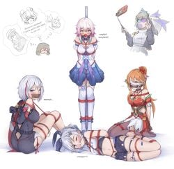 4girls arms_behind_back ball_gag bit_gag blush bondage bound breast_bondage crotch_rope female female_only femsub fishnets fully_clothed gag gagged gagged_speech grey_hair guinaifen_(honkai:_star_rail) honkai:_star_rail honkai_(series) kneeling looking_at_viewer march_7th_(honkai:_star_rail) mihoyo multiple_girls multiple_subs orange_hair pink_hair pole_tied red_rope rope rope_bondage short_hair silver_wolf_(honkai:_star_rail) stelle_(honkai:_star_rail) tape_gag thighhighs tied_up topaz_(honkai:_star_rail) white_hair wince