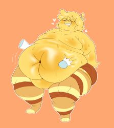 ambiguous_gender buttercup_(boltummies) deep_navel disembodied_hand fat featureless_breasts featureless_crotch fupa glasses looking_pleasured mintrimo orange_background original_character overweight shorts thighhighs yellow_skin