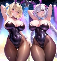 2girls azur_lane big_breasts blonde_hair breasts bunny_ears bunny_girl bunnysuit female hi_res hips huge_breasts leipzig_(azur_lane) light-skinned_female light_skin long_hair nurnberg_(azur_lane) short_hair smile studiopokotan thick_thighs thighs white_hair wide_hips