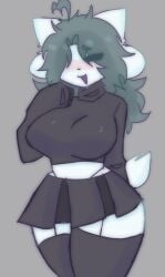 :3 anthro big_breasts black_dress black_skirt black_stockings black_topwear blush blushing bomboklat breasts cat_humanoid clothed female fur furry grey_hair hair looking_at_viewer scentedpocky solo_female temmie_(undertale) topwear underpants undertale undertale_(series) white_fur