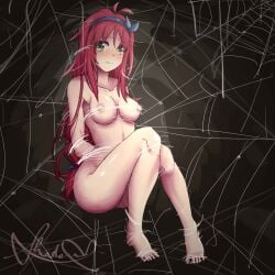 1girls ass blush bondage bound bow breasts female female_only green_eyes looking_at_viewer naked nipples pink_hair restrained scared shadoupamine solo spider_web stylist_(terraria) tears terraria thick_thighs