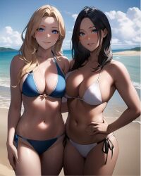 2girls ai_generated ai_mirror beach belly_button black_hair blonde_hair blue_bikini blue_eyes blush hand_on_back hand_on_hip light_skin long_hair looking_at_viewer medium_breasts sea seaside smile white_bikini