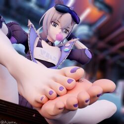 2girls 3d 3d_(artwork) 3d_model ajairie between_feet blowing_bubblegum eyewear_on_head feet foot_fetish giantess grey_eyes grey_hair honkai:_star_rail honkai_(series) micro minigirl purple_toenails silver_wolf_(honkai:_star_rail) size_difference stelle_(honkai:_star_rail) toes