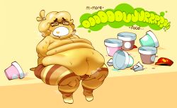 ambiguous_gender burp_cloud burping buttercup_(boltummies) deep_navel eating english_text glasses huge_belly looking_pleasured mintrimo original_character overweight short_hair shorts stuffing sweat tagme thighhighs yellow_background yellow_skin