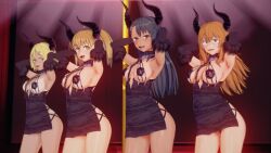 3d 4girls big_breasts black_hair blonde_hair breasts brown_eyes clothed clothing curvy demon_girl demon_horns female female_focus female_only gamo-chan hayase_nagatoro hi_res highres leather long_hair looking_at_viewer medium_hair open_mouth orange_eyes orange_hair please_don't_bully_me,_nagatoro pose revealing_clothes sakura_(nagatoro) simple_background small_breasts smile tan tan-skinned_female tan_body tan_skin tanline tanned tanned_female wide_hips yoshi_(nagatoro) yossy-g