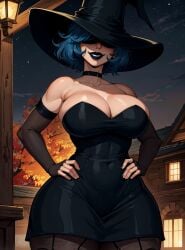 ai_generated big_breasts blue_hair breasts busty cordelia_(dead_estate) dead_estate dead_eyes female female_focus female_only hair_over_eyes hourglass_figure lipstick makimass_ai pinup pinup_pose short_hair tagme wide_hips witch_hat