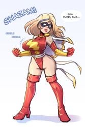 billy_batson blonde_female blonde_hair breasts brellom carol_danvers crossover dc dc_comics gender_transformation genderswap_(mtf) groping groping_breasts human human_only male_to_female marvel marvel_comics miss_shazam ms._marvel ms._marvel_(carol_danvers) rule_63 shazam superhero superheroine transformation