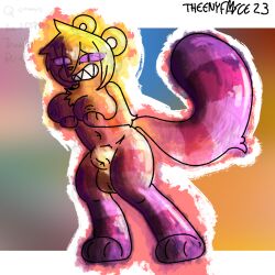 ailurid animal_genitalia anthro balls big_balls breasts genitals gynomorph holding_breast intersex looking_at_viewer mammal purple_eyes queen_(theenyface) red_panda sharp_teeth sheath smile standing teeth theenyface