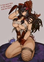 1girls anger_vein areolae areolae_slip big_breasts breasts brown_eyes brown_hair bunny_ears bunnysuit cleavage curvy curvy_female english_text fishnets hakurei_reimu light-skinned_female miko reimu_hakurei sarashi shrine_maiden solo solo_female text thick_hips thighs tomatolover16 touhou underboob undersized_clothes