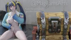 blush epic_games finger_in_mouth fortnite fortnite:_battle_royale legs_apart lennox_rose_(fortnite) magijams spread_pussy teasing