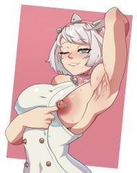 1girls armpit_fetish armpits byme elphelt_valentine flashing guilty_gear guilty_gear_strive large_breasts nipple_piercing nipples one_breast_out one_eye_closed pale-skinned_female pale_skin presenting_breasts short_hair sideboob sweat white_hair