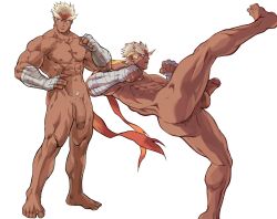 1boy ass bandaged_arm bandages bara blaziken blonde_hair completely_nude dark-skinned_male dark_skin dizdoodz erection flaccid headband high_kick highres kicking male_focus nude personification pokemon pokemon_(species) red_headband short_hair simple_background standing standing_on_one_leg testicles thick_eyebrows thick_thighs thighs white_background