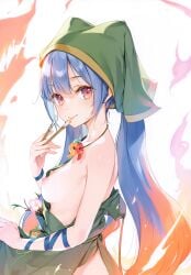 :p absurdres bare_shoulders blue_hair blush breasts female flower flower_request food from_side haniyasushin_keiki head_scarf highres jewelry ke-ta keiki_haniyasushin long_hair looking_at_viewer magatama magatama_necklace medium_breasts necklace nipples pink_eyes pink_flower ponytail scan simple_background solo tongue tongue_out touhou upper_body white_background