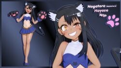 1girls 3d black_hair blush breasts brown_eyes cat_ears cat_tail catgirl clothed clothing english_text female female_focus female_only hayase_nagatoro hi_res highres long_hair looking_at_viewer mantis_x navel open_mouth please_don't_bully_me,_nagatoro pose revealing_clothes simple_background skirt small_breasts smile solo tan tan-skinned_female tan_body tan_skin tanned tanned_female text