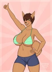 1girls 2022 animal_ears anthro arm_up big_breasts bikini_top blush brown_body brown_hair canine female female_only fior_(jimmuarts) green_eyes hand_on_hip jimmuarts looking_at_viewer short_hair shorts smiling smiling_at_viewer solo tail thumb_up tomboy wink winking_at_viewer