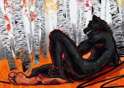 2022 anthro arm_support ass athletic athletic_anthro athletic_male balls barely_visible_genitalia birch_tree black_body black_eyes black_fur claws digital_media_(artwork) fangs feet felid finger_claws forest fur genitals hi_res humanoid_feet leaning_on_elbow looking_at_viewer looking_back looking_back_at_viewer lying male mammal manedfucc nude on_ground on_side pantherine pinup plant plantigrade pose rear_view seductive smile solo teeth tree