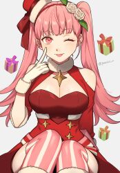 1girls ;) ;p alternate_costume bare_shoulders blunt_bangs box breasts christmas cleavage clothing_cutout commentary_request female female female_only fire_emblem fire_emblem:_three_houses fire_emblem_heroes gift gift_box gloves grey_background hairband highres hilda_valentine_goneril large_breasts long_hair looking_at_viewer nintendo official_alternate_costume one_eye_closed peach11_01 pink_eyes pink_hair pink_thighhighs red_hairband shoulder_cutout simple_background sitting smile solo striped striped_thighhighs thighhighs tongue tongue_out twintails vertical-striped_thighhighs vertical_stripes very_long_hair white_gloves