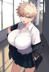 ai_generated bakugou_katsuki big_breasts boku_no_hero_academia breasts female_bakugou gender_transformation genderswap_(mtf) huge_breasts katsuki_bakugou my_hero_academia rule_63 school school_uniform schoolgirl_uniform slut slutty_outfit solo stable_diffusion