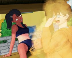 1boy 1girls black_hair breasts brown_eyes brown_hair clothed clothing fart female glasses hayase_nagatoro hi_res highres long_hair naoto_hachioji_(senpai) navel open_mouth please_don't_bully_me,_nagatoro ponytail revealing_clothes short_hair simple_background sitting small_breasts sports_bra sportswear spread_legs sweat tan tan-skinned_female tan_body tan_skin tanline tanned tanned_female tongue_out viledraws