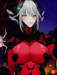 android annoyed_expression big_breasts bodysuit breasts cute cybernetics disgusted disgusted_look female female_only neutral_expression not_porn red_bodysuit skin_tight upper_body virtual_youtuber vshojo white_hair zentreya zentreya_(cyborg)