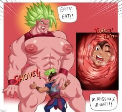 abs cabba cunnilingus dialogue dragon_ball dragon_ball_super kale kale_(berserker) large_breasts larger_female legendary_super_saiyan muscular muscular_female questionable_consent roly saiyan size_difference smaller_male super_saiyan text