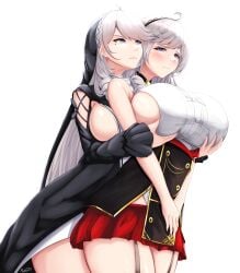 2girls absurdres ahoge algerie_(azur_lane) algerie_(meta)_(azur_lane) azur_lane blush breasts commentary commission english_commentary gold_trim grabbing grabbing_another's_breast grabbing_from_behind grey_hair highres huge_breasts light-skinned_female light_skin long_hair miniskirt mole mole_under_eye multiple_girls musanix purple_eyes red_skirt sideboob signature skirt very_long_hair vichya_dominion_(azur_lane) yuri