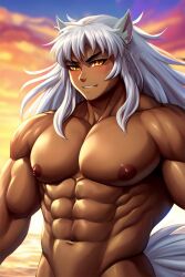 1boy abs ai_generated animal_ears bara dog_ears humanoid inuyasha inuyasha_(character) long_hair_male male male_nipples male_only muscles muscular_male no_visible_genitalia pecs smooth_skinned_male solo tanned white_hair yaoi yellow_eyes