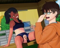 1boy 1futa 3d bar_censor black_hair blush breasts brown_eyes brown_hair censored clothed clothing duo embarrassed flaccid fully_clothed futanari glasses hayase_nagatoro hi_res highres human light-skinned_futanari light-skinned_male light_skin long_hair looking_away male mismatched_tanlines mostly_clothed naoto_hachioji_(senpai) navel penis please_don't_bully_me,_nagatoro ponytail revealing_clothes short_hair simple_background sitting small_breasts smile sports_bra sportswear spread_legs sweat tan tan-skinned_futanari tan_body tan_skin tanline tanned tanned_futa torn_clothes viledraws